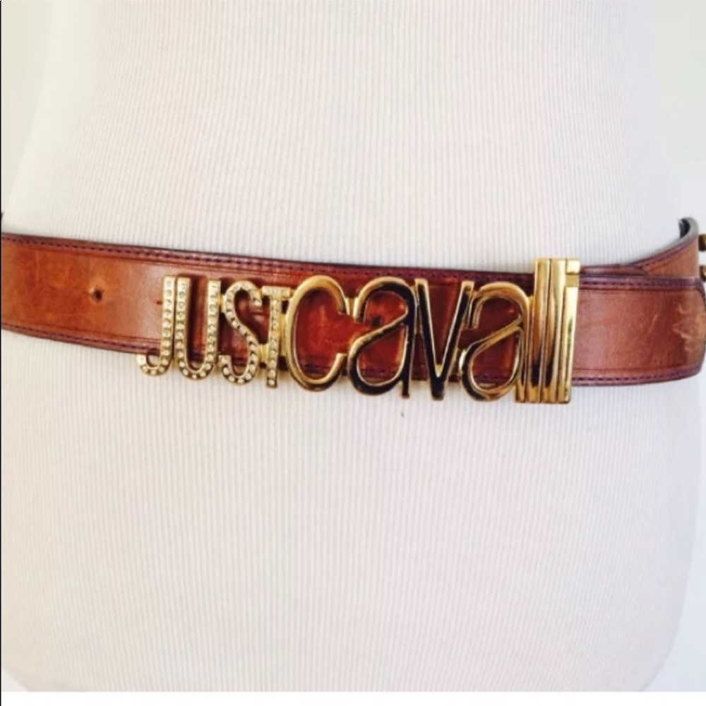 Just Cavalli Large blinged gold logo leather belt - Picture 2 of 5